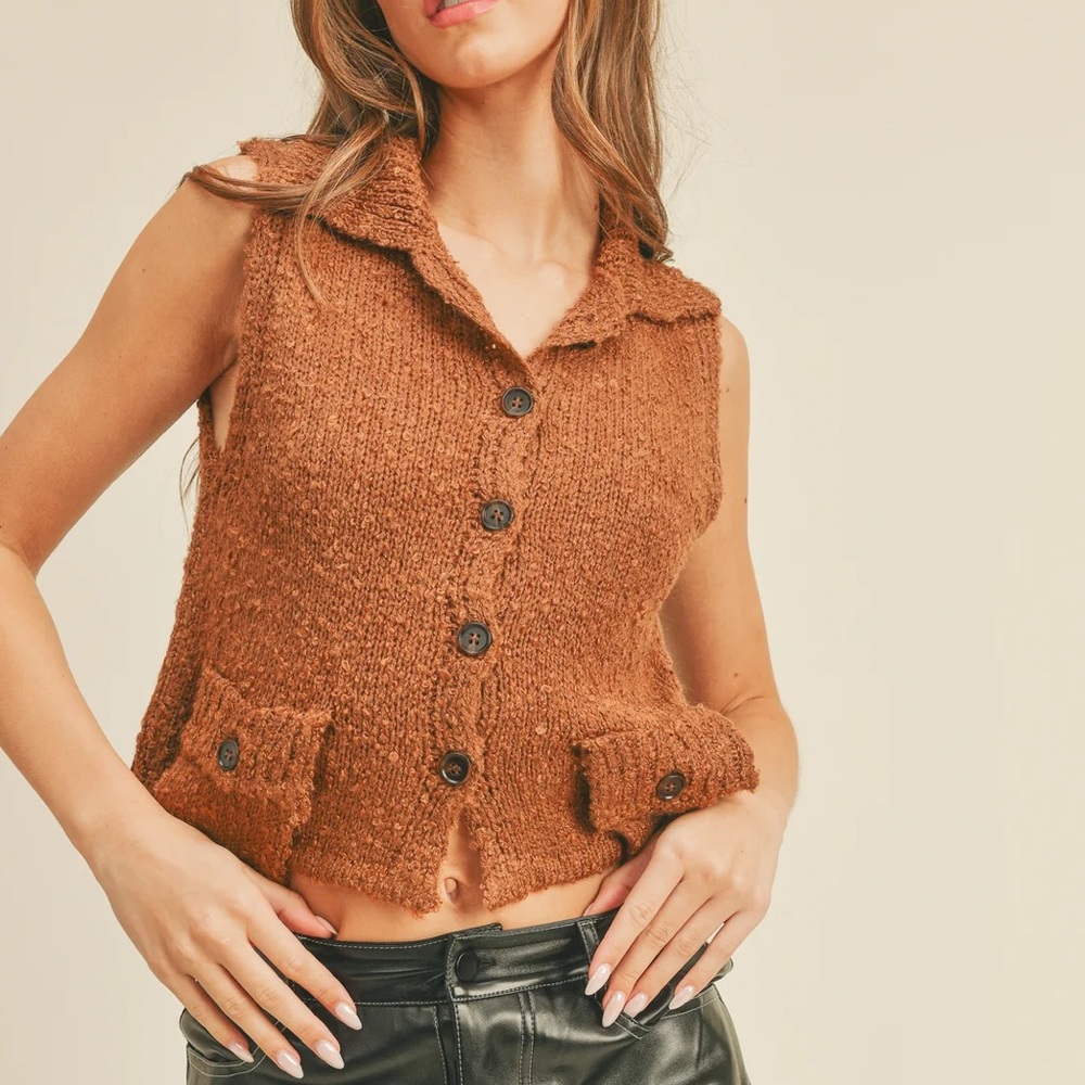 SALT + CO. - Knit No. 09, Button-Down Boucle Knit Vest in Brown (NWT)
